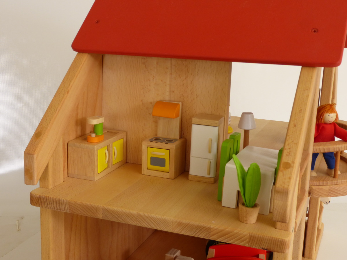 Haus aus Holz Puppenstube Holzhaus mit Türen und roten Dach 4056  Puppenhaus 