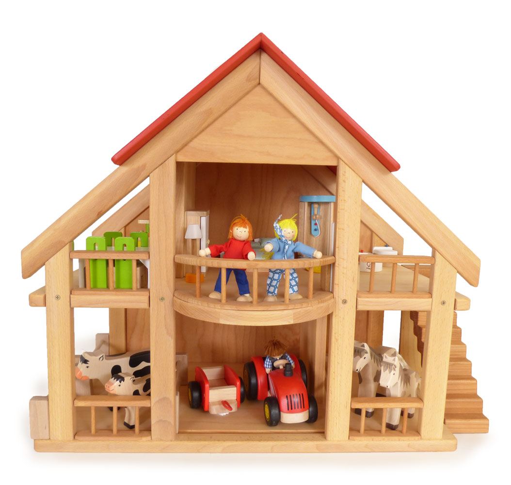 4056  Puppenhaus Haus aus Holz Puppenstube Holzhaus mit Türen und roten Dach 