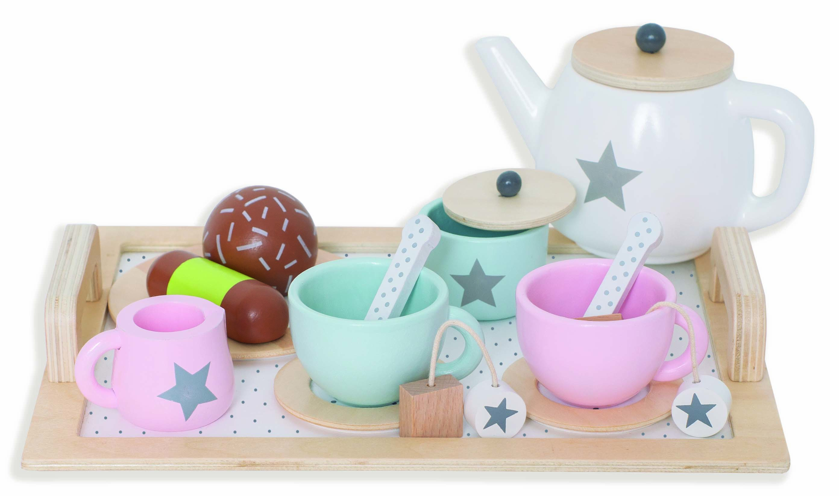 Starmood Holz Mini Tee-Set Spielzeug Tasse Teekannen Tablett für Kinder Kinder Küche Rollenspiel