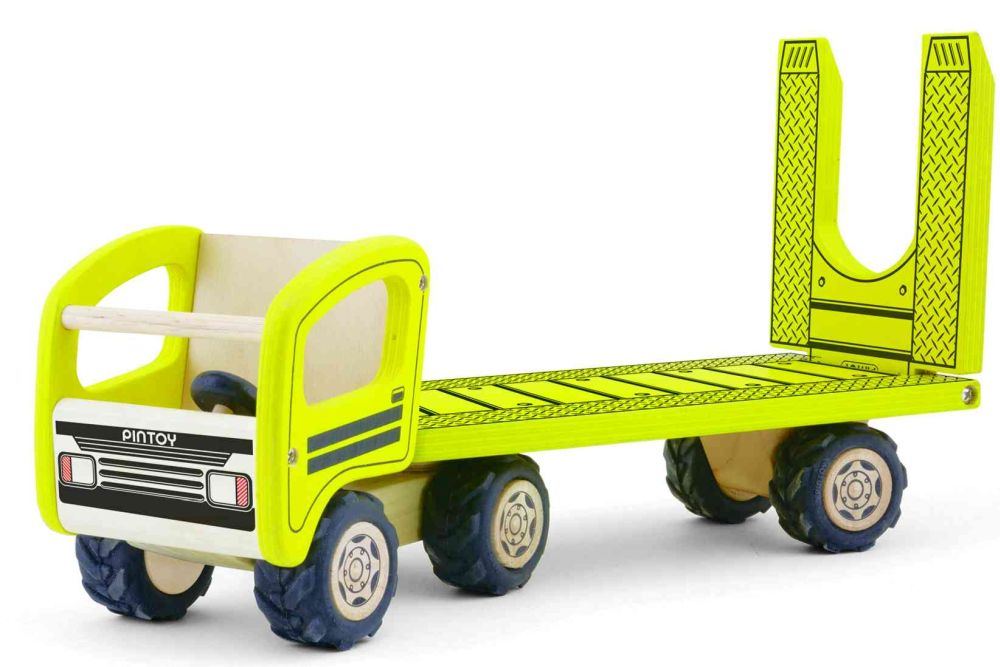 Holzauto Tieflader mit Bagger rot & gelb Holz LKW Abschlepper Kinder Baustelle 