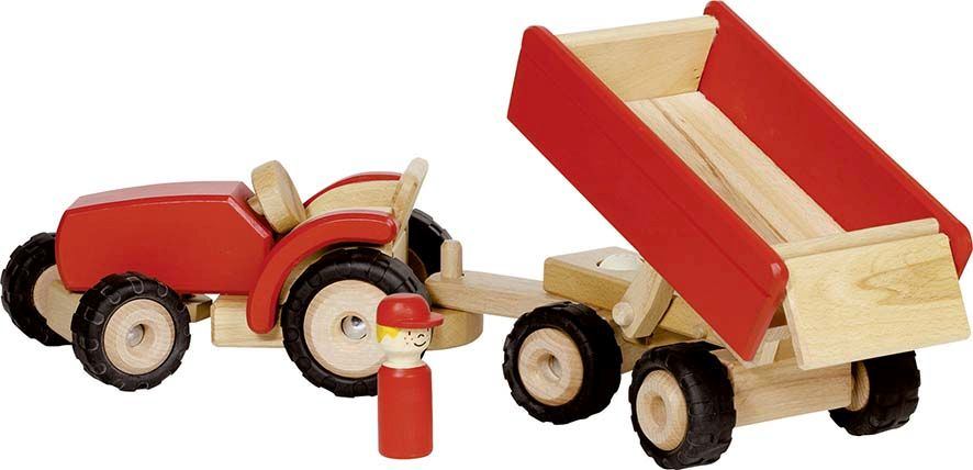Erzgebirgisches Holzspielzeug Miniatur Traktor mit Anhänger Kasten 