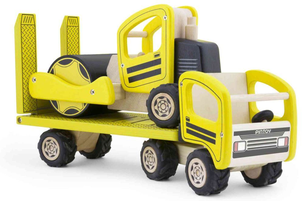 TIEFLADER mit Anhänger und Bagger Holz LKW Holzauto Gummireifen Lastwagen NEU 