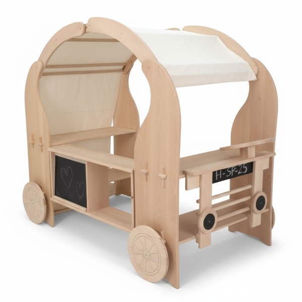 Kinder Foodtruck Set aus Holz mit Spielständer, Regal und Foodtruck Erweiterung, freigestellt auf weißem Hintergrund.
