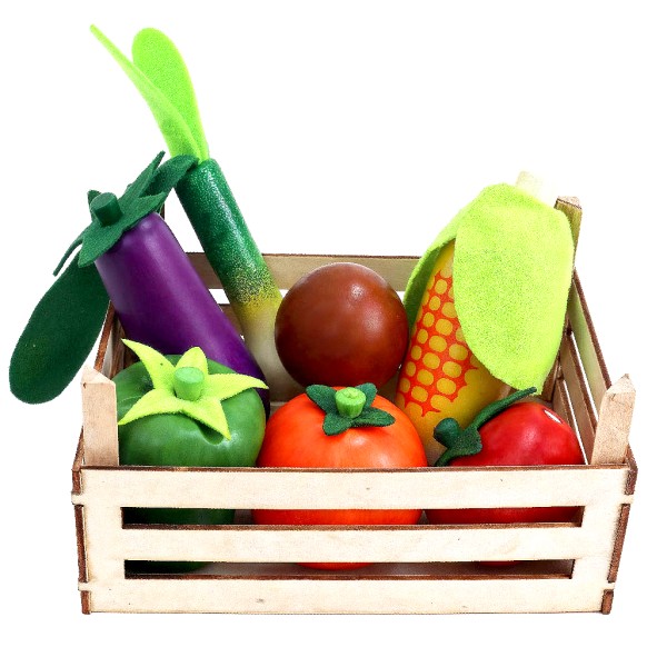 Spiellebensmittel Set aus Holz mit Stiege - 8-teilig - mit Obst und Gemüse