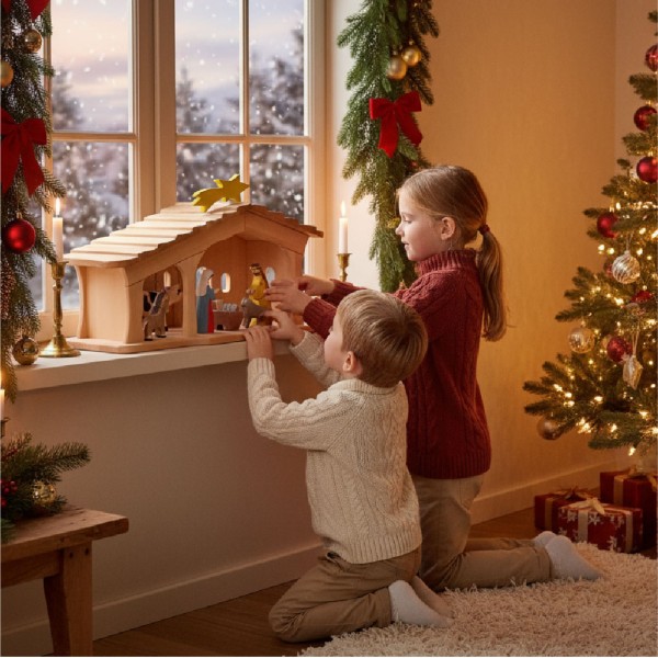Krippenstall mit Schindeln groß - Spielender Junge mit Krippenfiguren