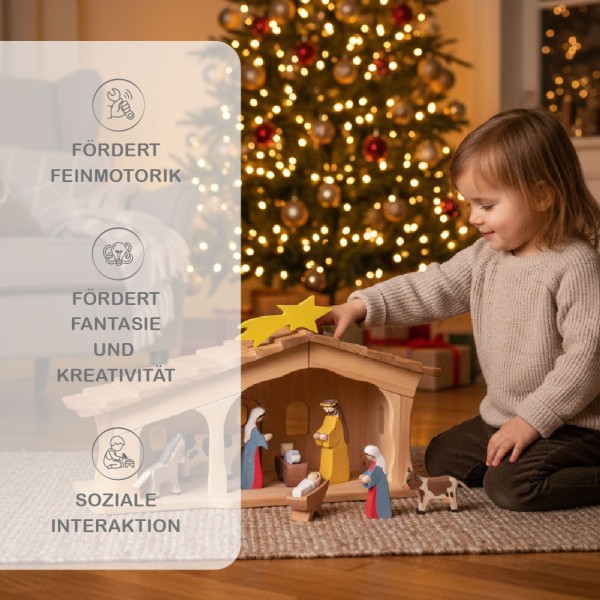 Kinder Krippenstall mit Schindeln unter dem Weihnachtsbaum