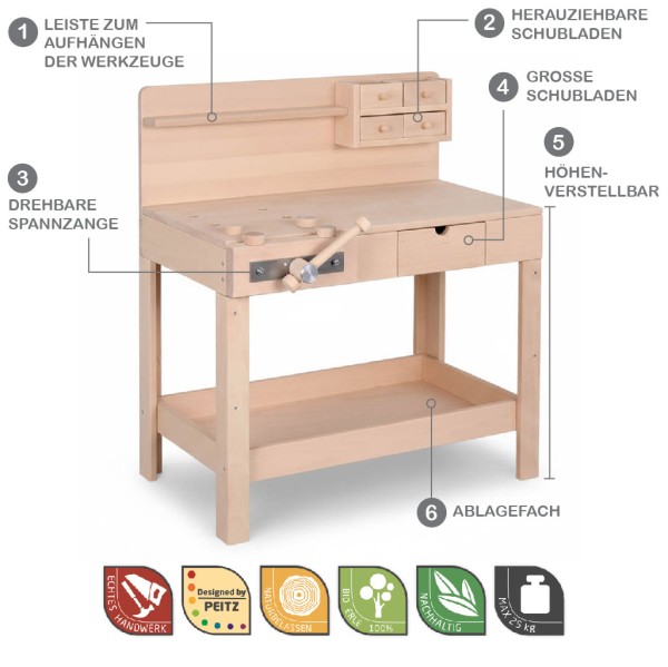 Detailaufnahme der höhenverstellbaren Kinderhobelbank zeigt feine Holzmaserung, stabile Verarbeitung und präzise Handwerksqualität. Detailaufnahme der höhenverstellbaren Kinderhobelbank zeigt feine Holzmaserung, stabile Verarbeitung und präzise Handwerksqualität.