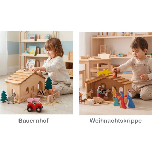 Krippenstall mit Schindeln klein - Spielender Junge mit Krippenfiguren