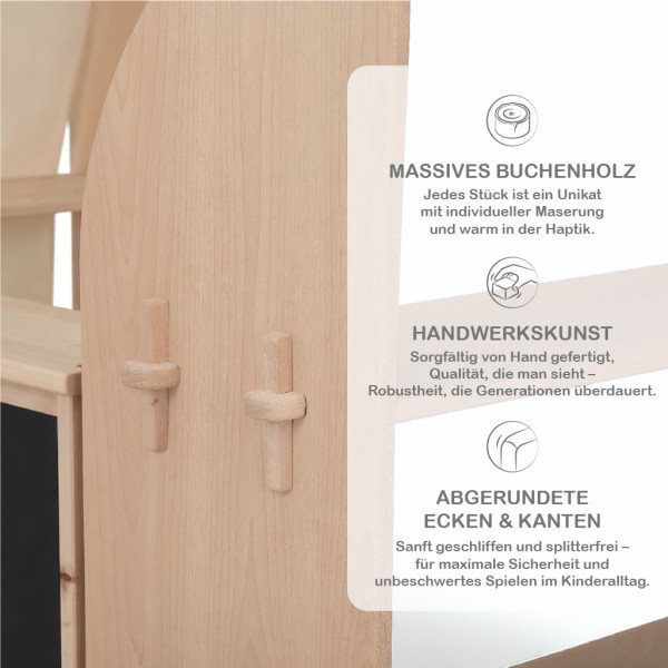 Kinder Foodtruck aus Holz zeigt Nahaufnahme und Detail der Holzmaserung und Verarbeitung..