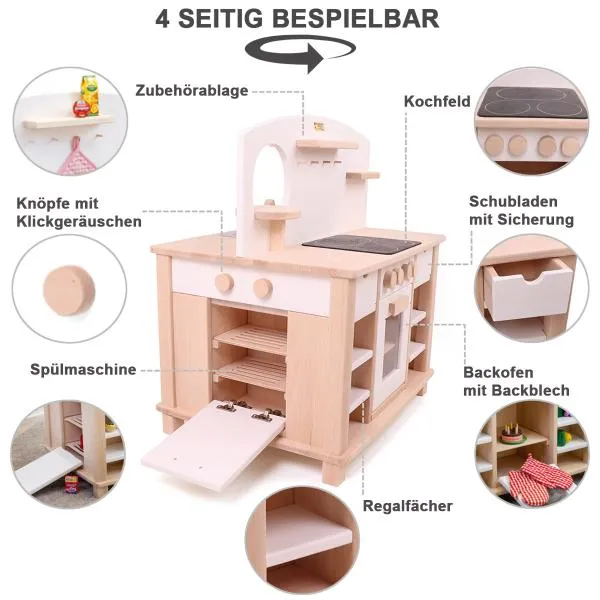 Weiße Kinder-Küche Cinderella, 4-seitig bespielbar aus Massivholz | 2050 W