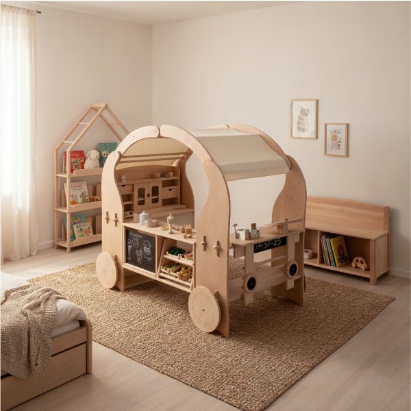 Kinder Foodtruck aus Holz im hellen Kinderzimmer.