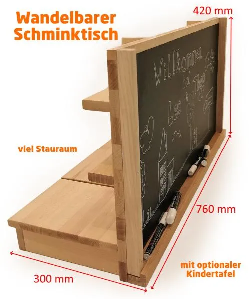 2 in1 / Eine Seite, Kinder-Schminktisch mit Spiegel und mit viel Stauraum. Auf der anderen Seite ist eine Maltafel mit Ablagefläche für zB. Kreide.