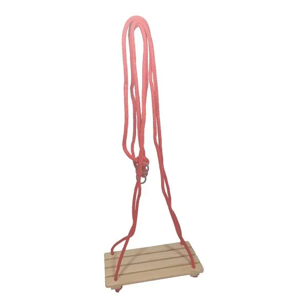 Natur-Holzbrett-Schaukel mit roten Nylon-Seilen.