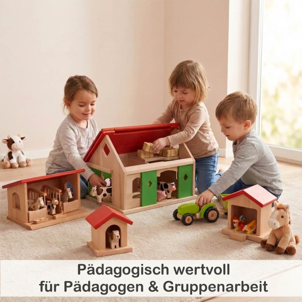 Kinder spielen gemeinsam mit Holz Bauernhof – fördert soziale Fähigkeiten und Rollenspiel