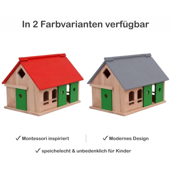 Kinder Bauernhof rot Farbvarianten - Mit Dach rot im Montessori Stil oder grau für moderne Einrichtungen.