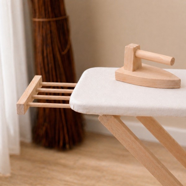 Kinder Bügelbrett Bezug weiß mit Holz Bügeleisen