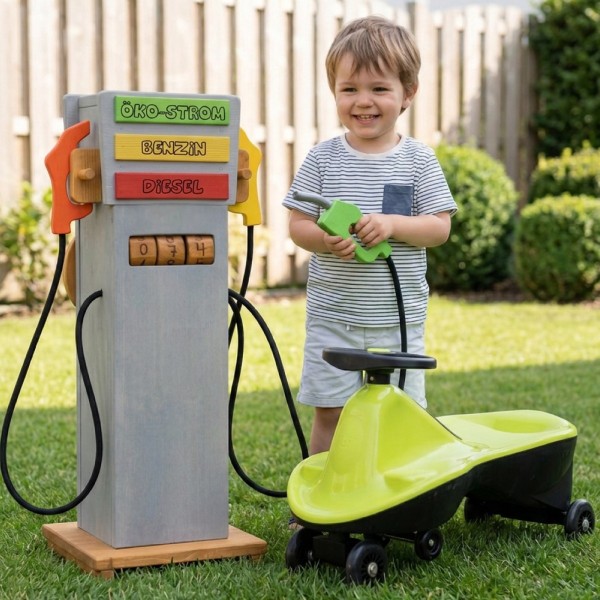 Kinder Tankstelle aus Holz für draußen – hochwertige Spielzapfsäule für Garten und Kindergarten