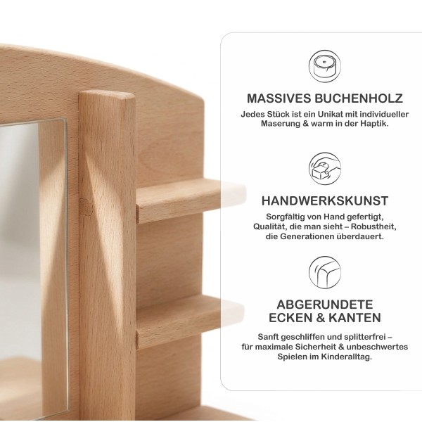 Detail der abgerundeten Kanten und Holzqualität am Schminktisch