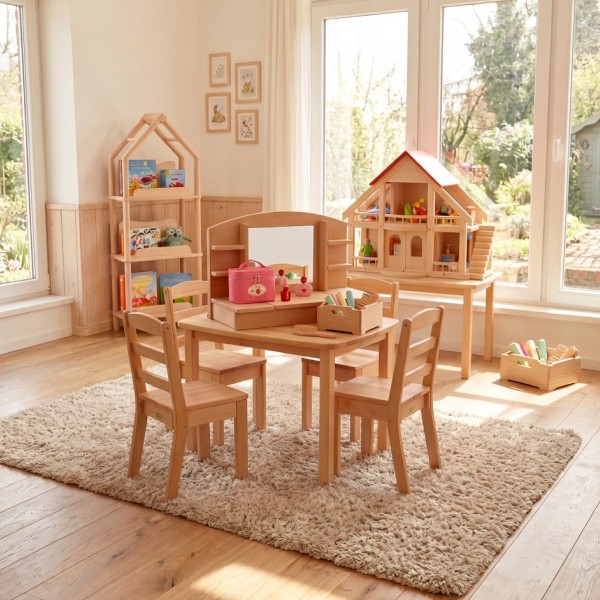 Schminktisch aus Holz integriert in ein helles Kinderzimmer
