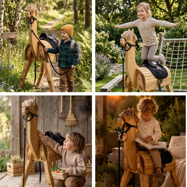 Kinder erleben fantasievolle Rollenspiele und Outdoor-Abenteuer mit dem Holz Alpaka.