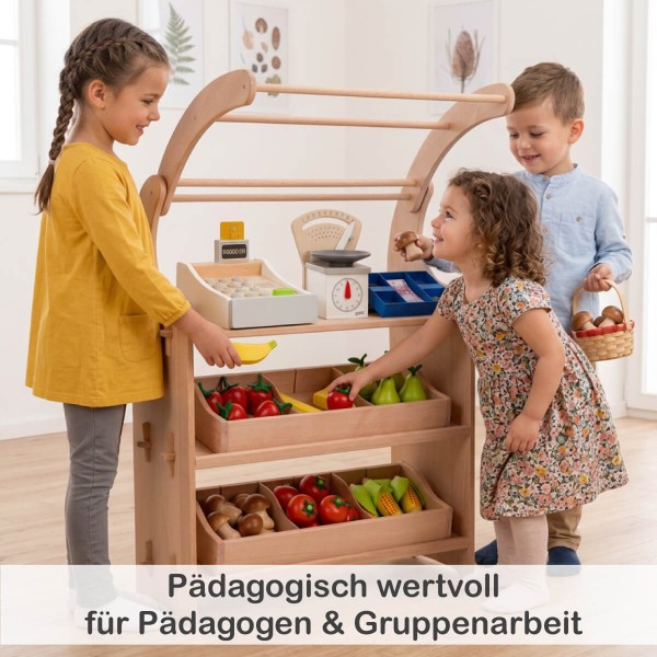 Kinder spielen gemeinsam mit Holz Kaufladen Einsatz – fördert Kommunikation und Gruppenarbeit