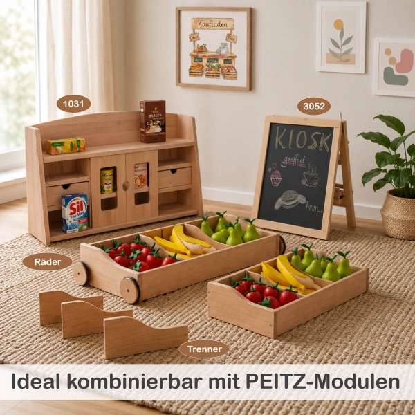 Holz Kaufladen Einsatz kombinierbar mit weiteren PEITZ Modulen für flexible Spielwelten