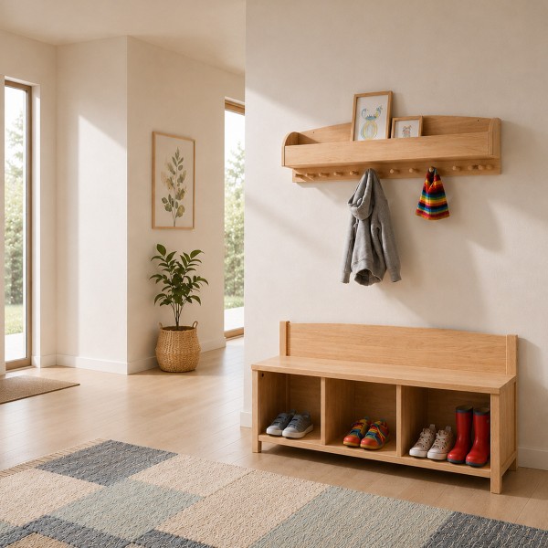 Kinder Garderobe mit Sitzbank und 3 Fächern harmonisch im hellen Flur integriert.