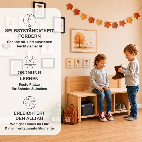 Kinder Garderobe mit Sitzbank fördert Selbstständigkeit, Ordnung und Alltagserleichterung.