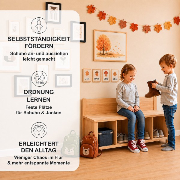 Kinder nutzen praktische Holz Garderobe mit Sitzbank und Kleiderstange im modernen Montessori Kinderzimmer