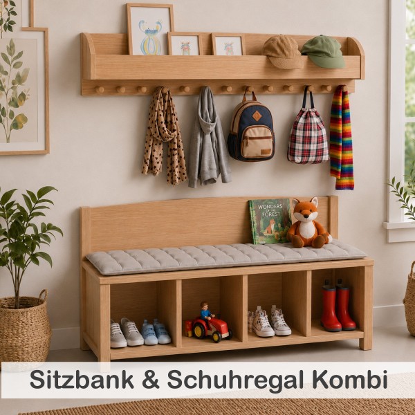 Kinder Sitzbank und Schuhregal als praktische Garderoben-Kombi für Flur, Kita und Kinderzimmer.