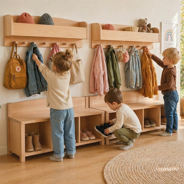 Kinder spielen und lernen selbstständig an Montessori Holz-Garderobe im warmen skandinavischen Kinderzimmer
