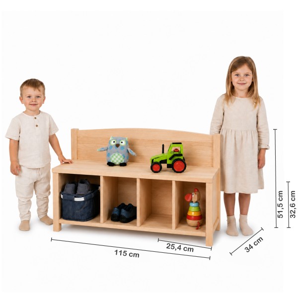 Kinder Sitzbank mit 4 Fächern im Größenvergleich – Breite, Tiefe und Sitzhöhe klar dargestellt.