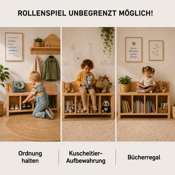 Kinder Sitzbank mit 4 Fächern als Ordnungssystem, Kuscheltier-Aufbewahrung und Bücherregal.
