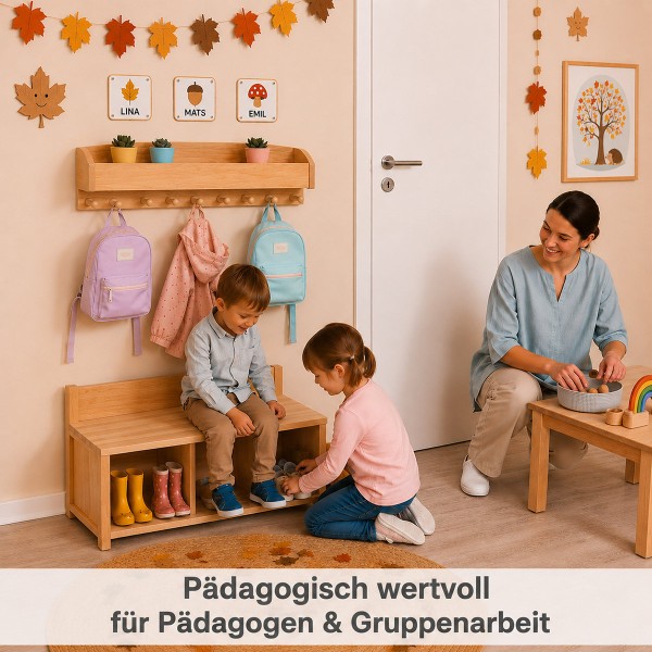 Kinder Garderobe mit Sitzbank in der Kita – pädagogisch wertvoll für Pädagogen und Gruppenarbeit.