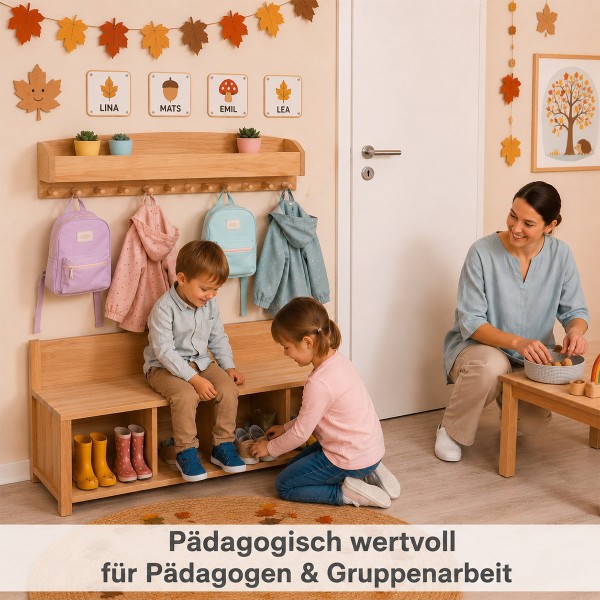 Kinder Garderobe mit Sitzbank in der Kita – pädagogisch wertvoll für Pädagogen und Gruppenarbeit.