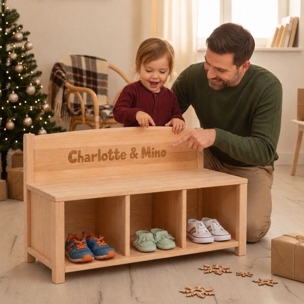 Personalisierte Kinder Sitzbank mit einer Schublade und Namensgravur als besonderes Geschenk.