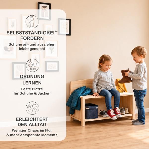 Kinder Sitzbank mit Schuhregal fördert Selbstständigkeit, Ordnung lernen und erleichtert den Alltag.