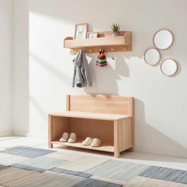 Kinder Sitzbank mit Schuhregal harmonisch im hellen Flur integriert – praktisch und platzsparend.