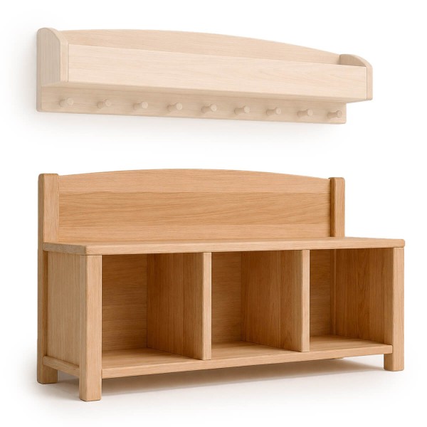 Kinder Garderobe mit Sitzbank und 3 Schuhfächern im Kinderzimmer – ordentlich und kindgerecht.