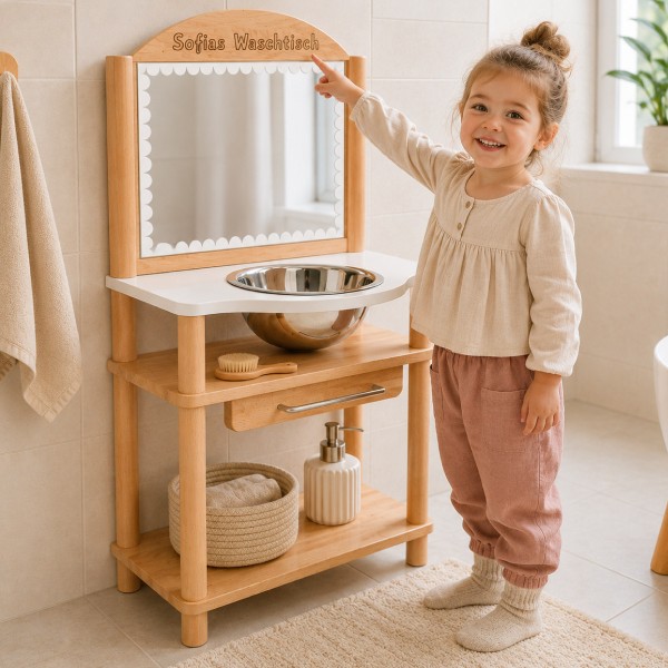 Kind zeigt freudig auf die Namensgravur am personalisierten Montessori Waschtisch NERI aus Buchenholz