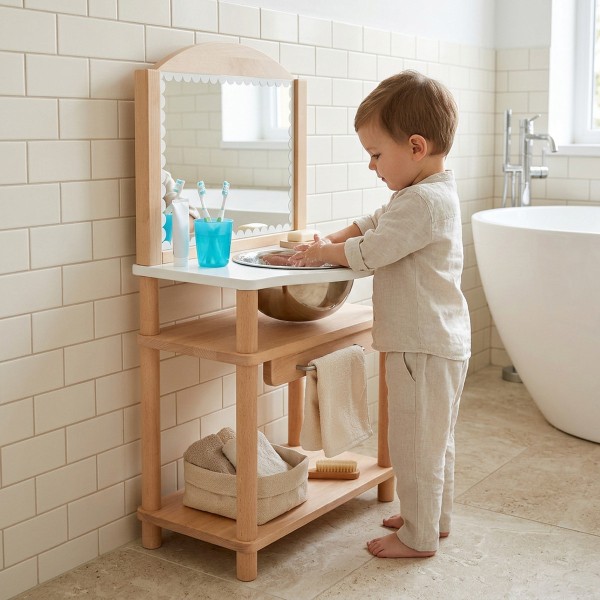 Kind nutzt Montessori Waschtisch NERI im hellen Badezimmer selbstständig zum Hände waschen und Pflegeroutine lernen