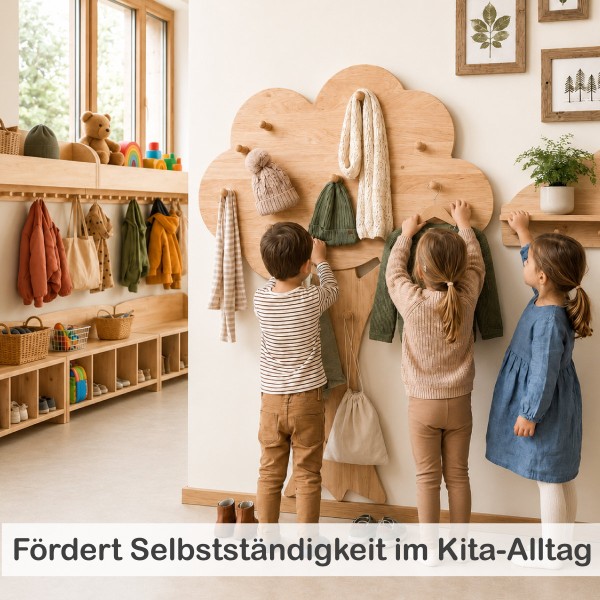 Baum Garderobe im Kindergarten-Flur mit Kindern – fördert Selbstständigkeit im Kita-Alltag