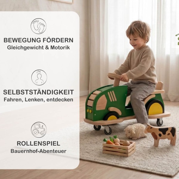Holz Traktor BERTI fördert Bewegung, Selbstständigkeit und kreatives Bauernhof-Rollenspiel.