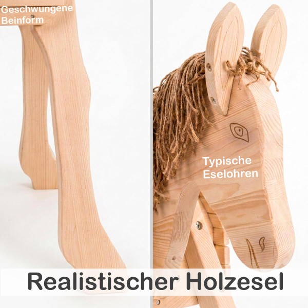 Authentische Gesichtsform und typische Eselohren machen den Holzesel PEDRO besonders realistisch.