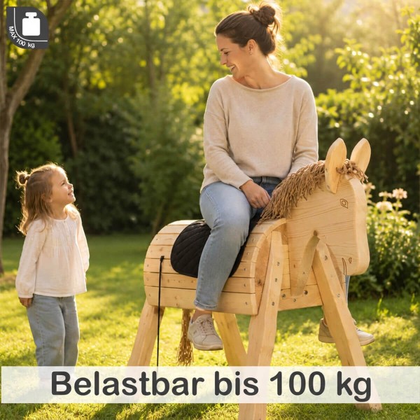 Holzesel PEDRO trägt Kinder und Erwachsene bis 100 kg – besonders stabil und langlebig.