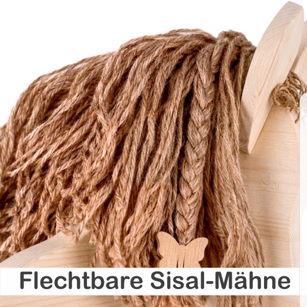 Detailaufnahme der flechtbaren Sisalmähne des Holzesels PEDRO aus Naturfasern.
