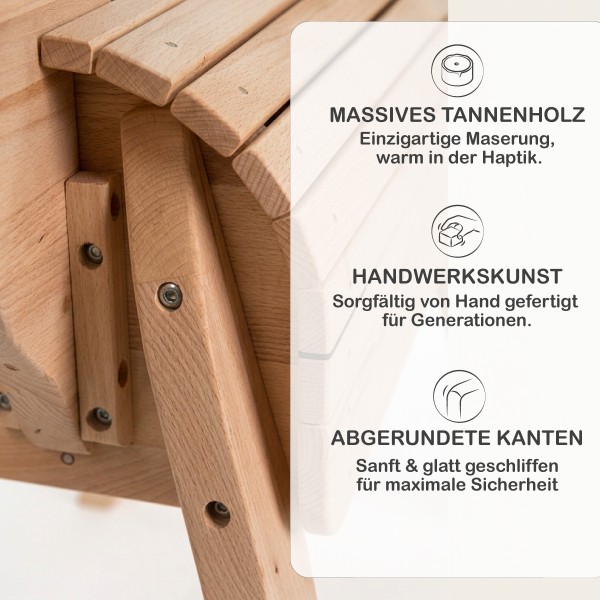 Massives Tannenholz, Handwerkskunst und abgerundete Kanten machen den Holzesel PEDRO besonders hochwertig.