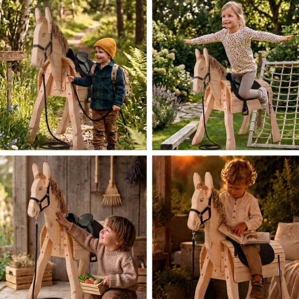 Der Holzesel PEDRO begleitet Kinder beim Reiten, Pflegen und fantasievollen Rollenspiel.