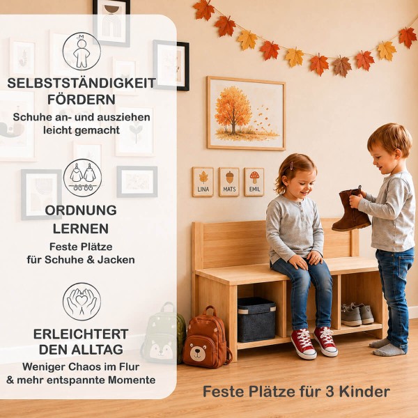 Kinder Garderobe mit Sitzbank fördert Selbstständigkeit, Ordnung und Alltagserleichterung.