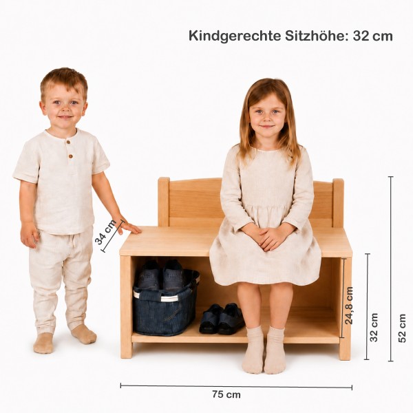 Kinder Sitzbank mit Schuhfach im Größenvergleich mit Kindern – Maße und Sitzhöhe klar dargestellt.